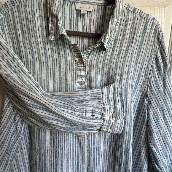 J. Jill Women's XL Blue Vertical Striped Love Linen 3/4 Sleeve Popover Blouse - Picture 7 of 10